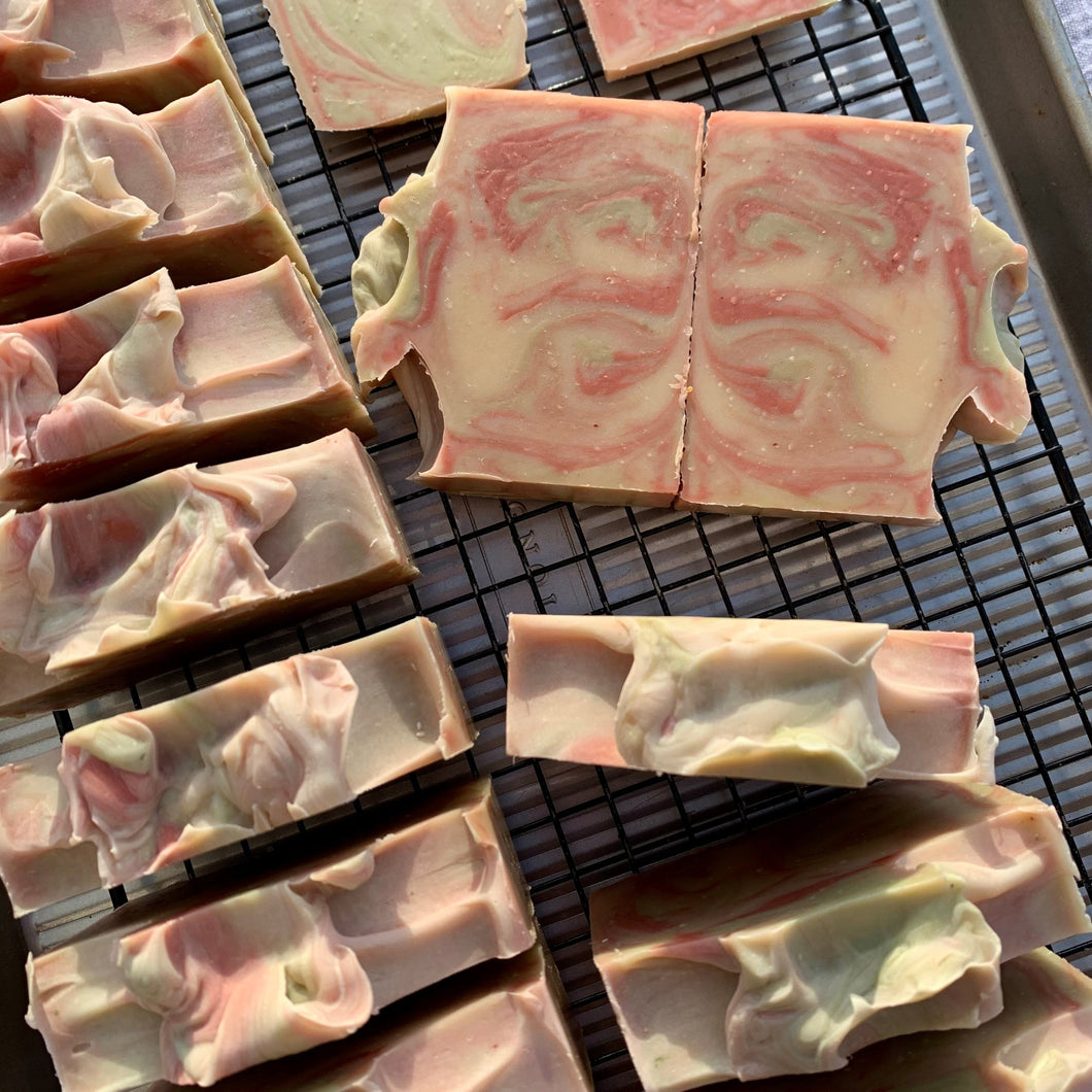 Swirl-patterned soap bars on a cooling rack